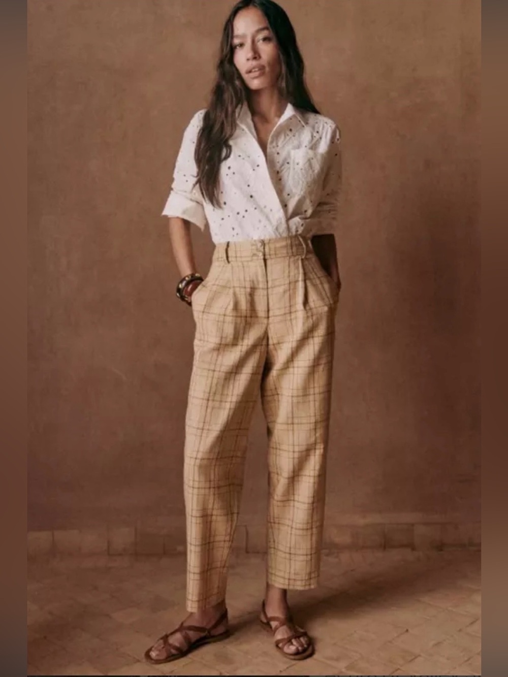 NWT Sézane Cyprien Straight Trousers in Ochre Check Print - Size 8 (FR Size 40)